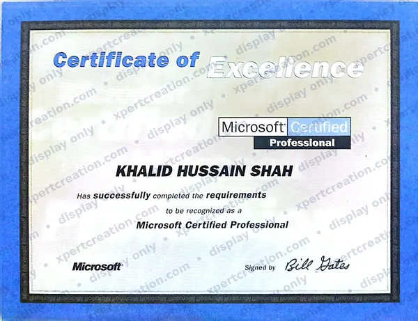 Microsoft Certified Professional certificate of Syed Khalid Hussain Shah